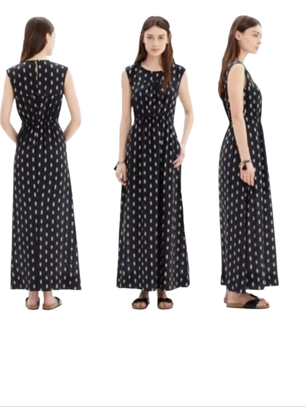 Madewell 100% Silk Ikat Maxi Dress Boho Black Cream Sleeveless Size 0